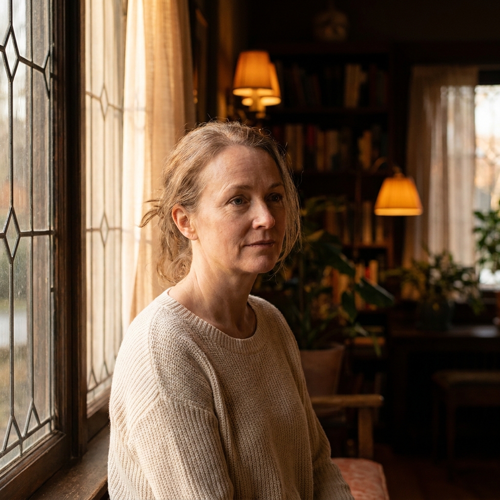Woman reflecting by window, representing the psychological impact of hair loss on women's self-esteem and emotional wellbeing