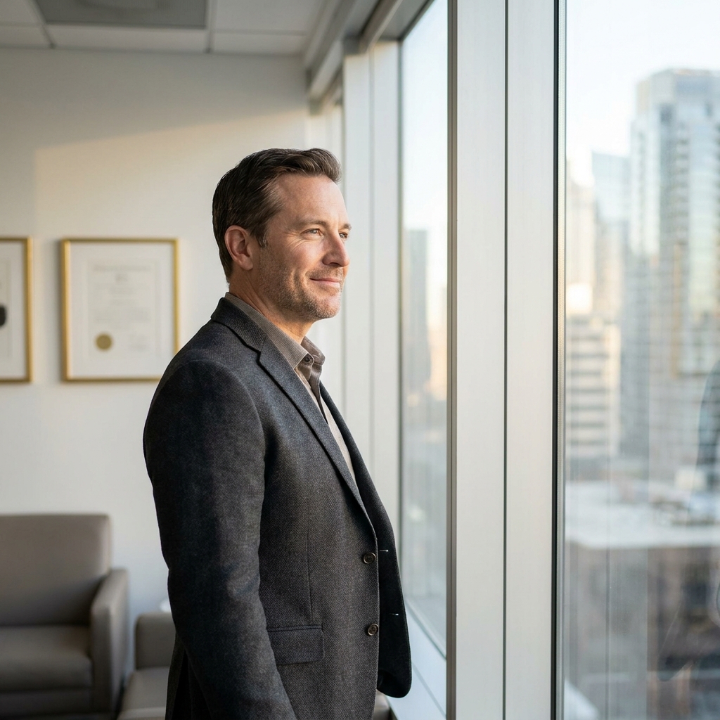 Confident man with natural-looking hairline in a modern consultation room, representing Microprecision Follicular Grafting technique results.
