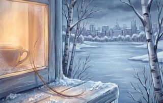 Minnesota winter scene illustrating seasonal effects on hair loss and scalp health with cold blue tones and snow
