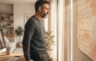 Man calmly reviewing a monthly timeline, representing the hair transplant recovery journey and knowing when concerns are normal.