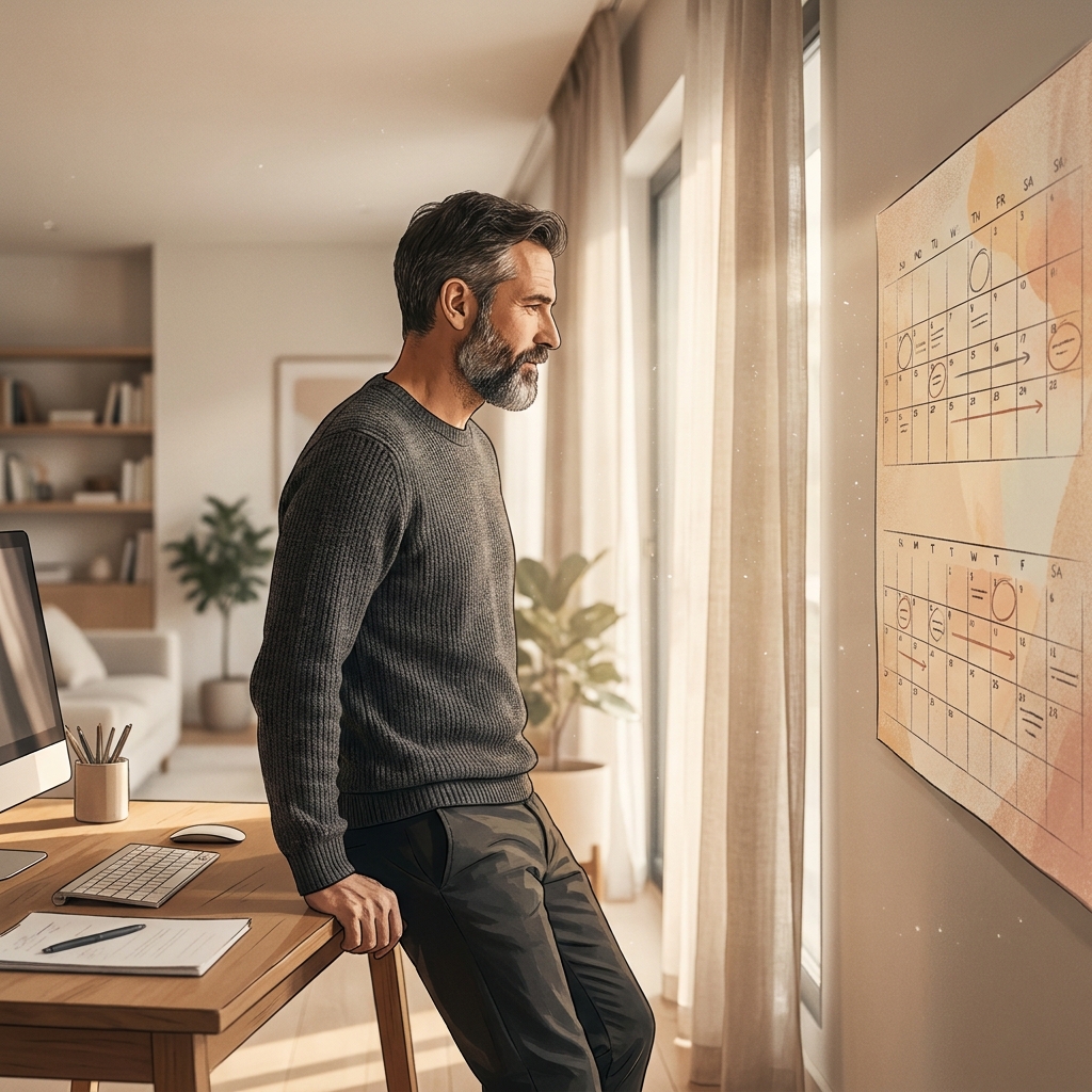 Man calmly reviewing a monthly timeline, representing the hair transplant recovery journey and knowing when concerns are normal.