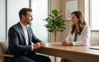 Man smiling during a hair transplant clinic consultation near Minneapolis at a modern, welcoming restoration center.