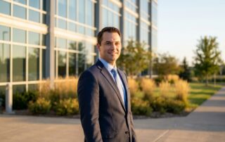 Confident man outside a professional hair transplant clinic near St Paul Minnesota in Eagan's east metro area