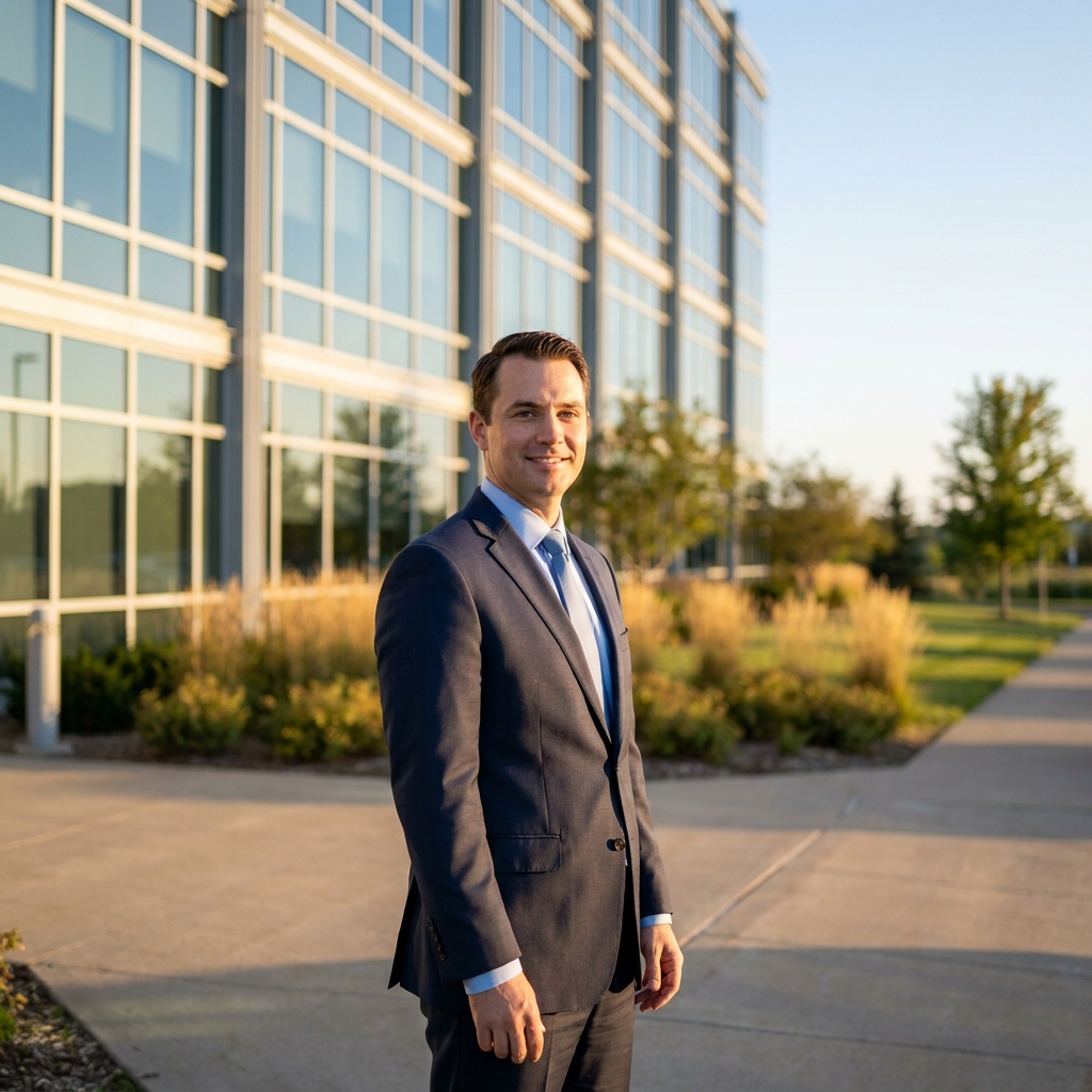 Confident man outside a professional hair transplant clinic near St Paul Minnesota in Eagan's east metro area