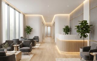 Modern hair transplant clinic interior showcasing clean, welcoming facility amenities during a virtual tour experience