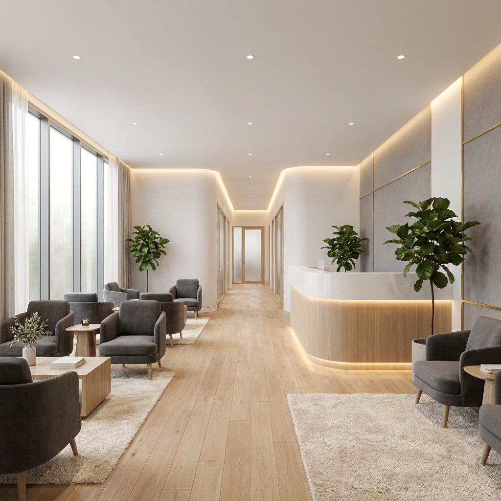 Modern hair transplant clinic interior showcasing clean, welcoming facility amenities during a virtual tour experience