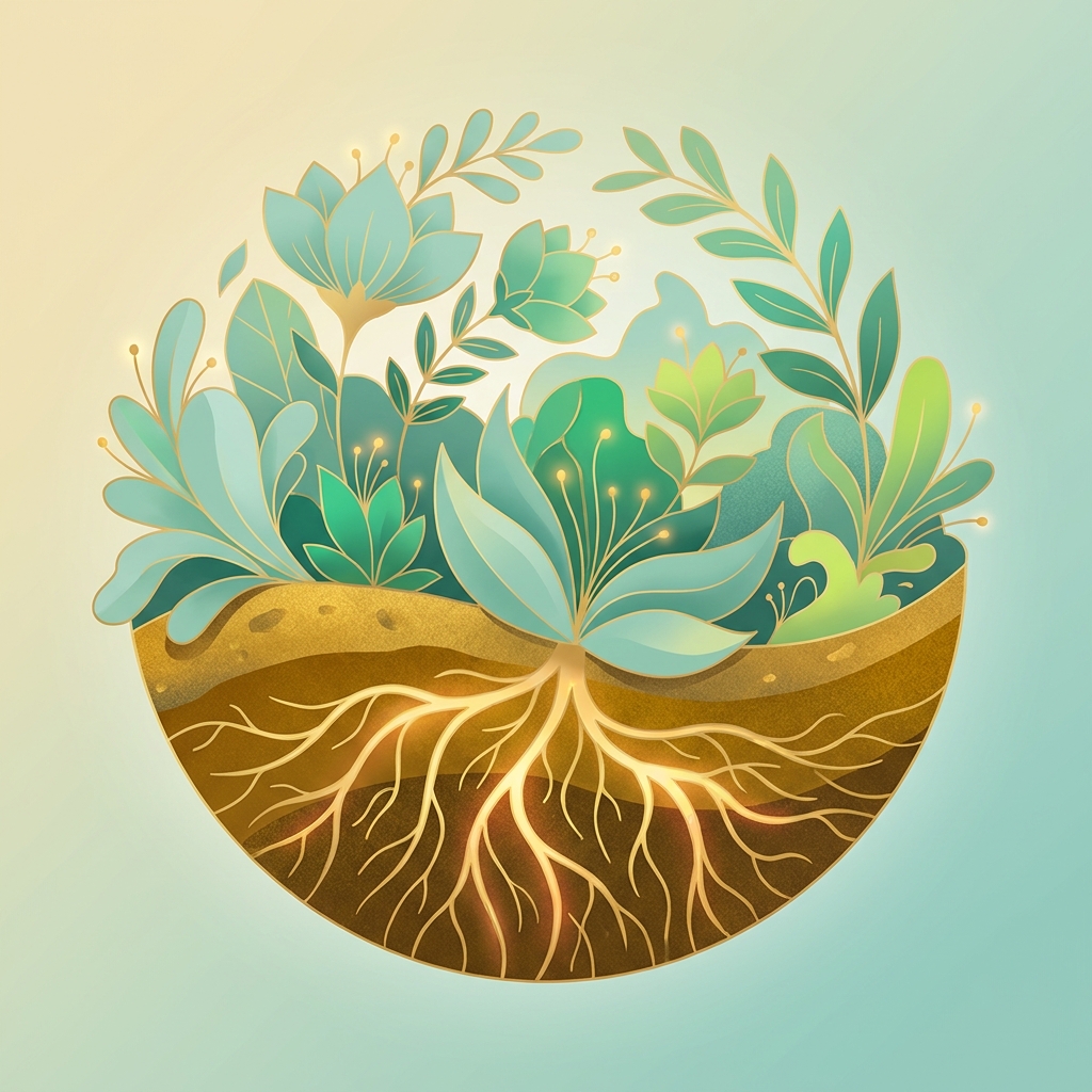 Conceptual illustration of healthy scalp conditions for hair transplant preparation, showing thriving roots in nourished soil