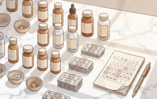 Organized flat lay of medications and a calendar representing hair transplant medications to stop before surgery timelines