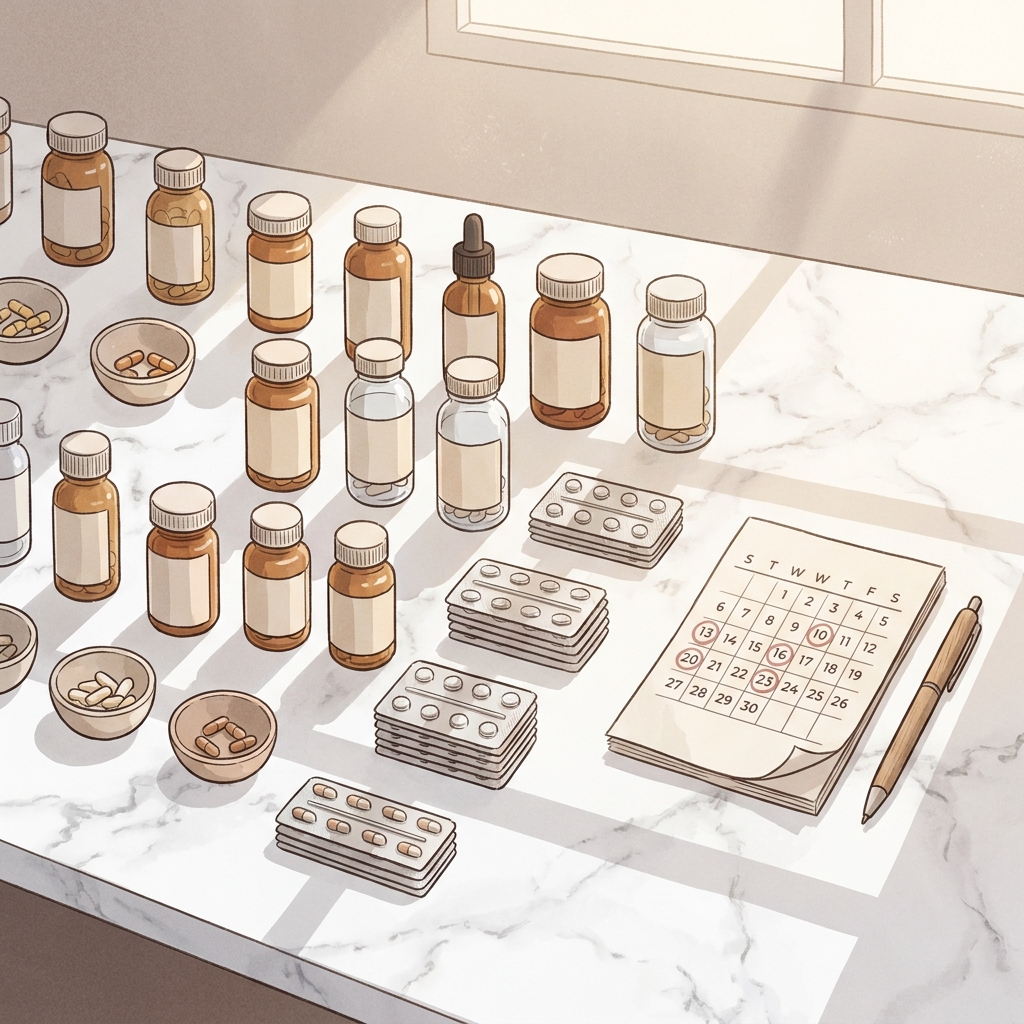 Organized flat lay of medications and a calendar representing hair transplant medications to stop before surgery timelines