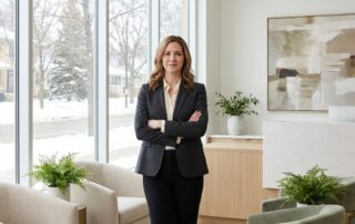 Confident woman in modern Eagan Minnesota medical cosmetic procedures clinic, representing physician-led aesthetic care