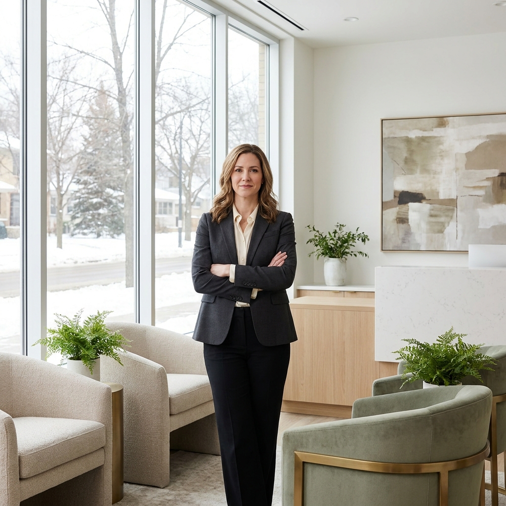 Confident woman in modern Eagan Minnesota medical cosmetic procedures clinic, representing physician-led aesthetic care