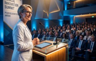 Hair transplant surgeon international conference presenter at podium addressing global medical peers in prestigious conference hall