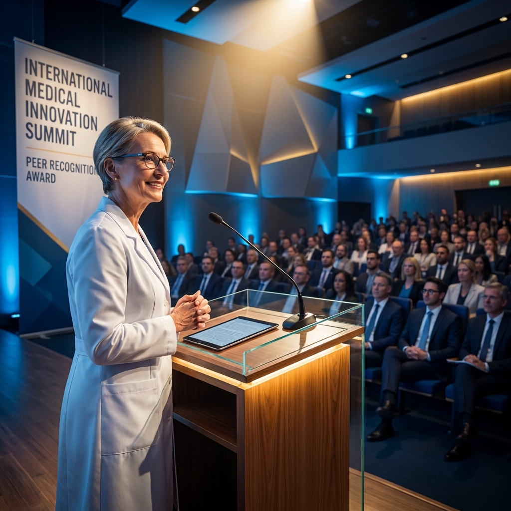 Hair transplant surgeon international conference presenter at podium addressing global medical peers in prestigious conference hall