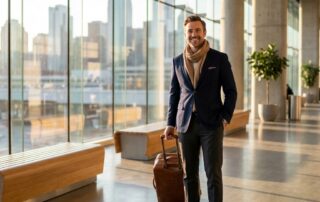 Confident traveler at airport terminal planning hair transplant long distance patient travel accommodations to Eagan MN