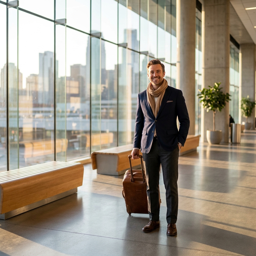 Confident traveler at airport terminal planning hair transplant long distance patient travel accommodations to Eagan MN