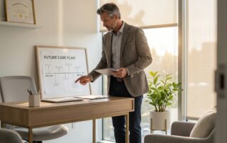 Man reviewing hair transplant second procedure timing planning timeline in a modern consultation room
