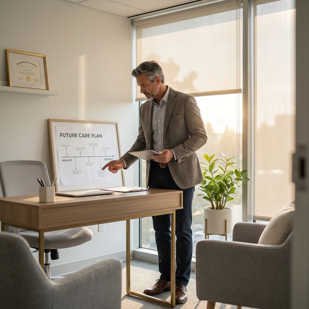 Man reviewing hair transplant second procedure timing planning timeline in a modern consultation room