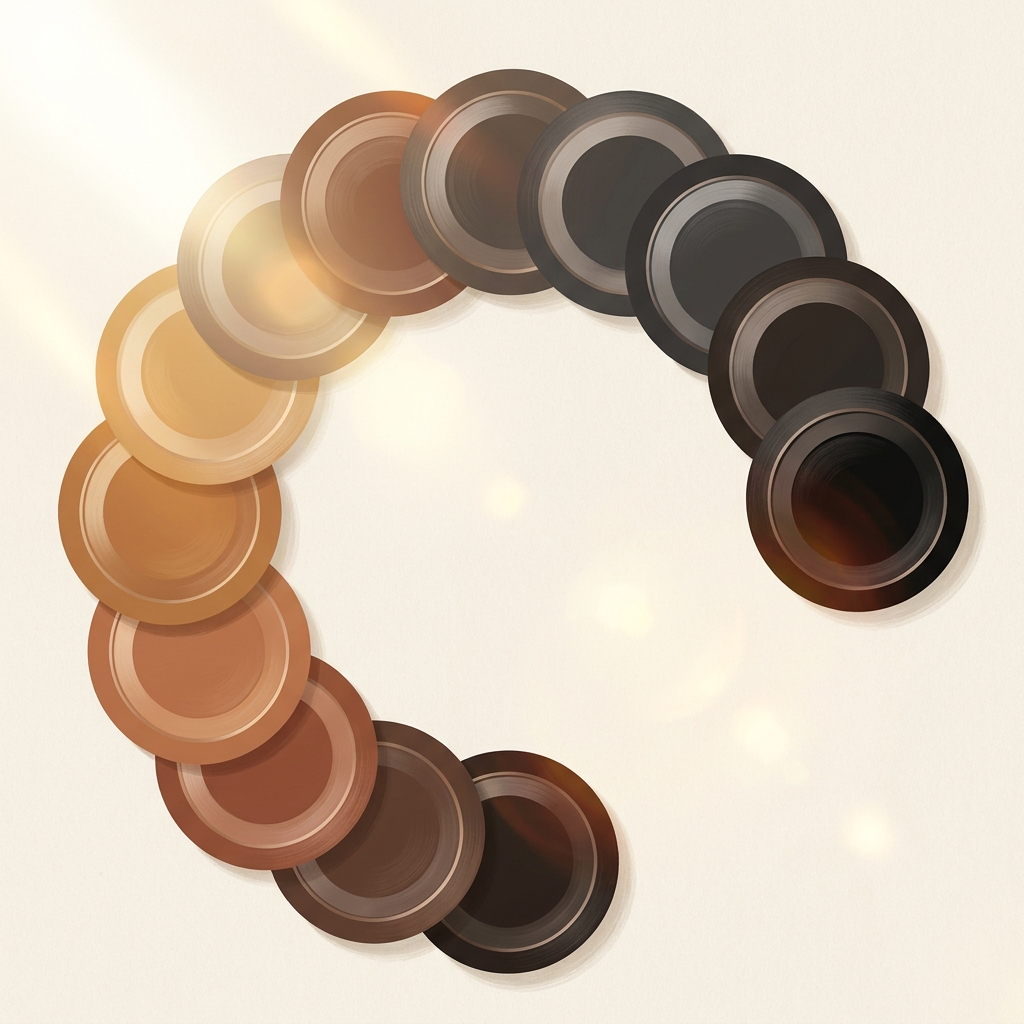 Color swatches arranged by skin tone spectrum representing scalp micropigmentation color matching by skin tone