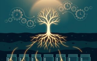 Stylized illustration symbolizing hair transplant donor area thinning after multiple procedures as a finite root system