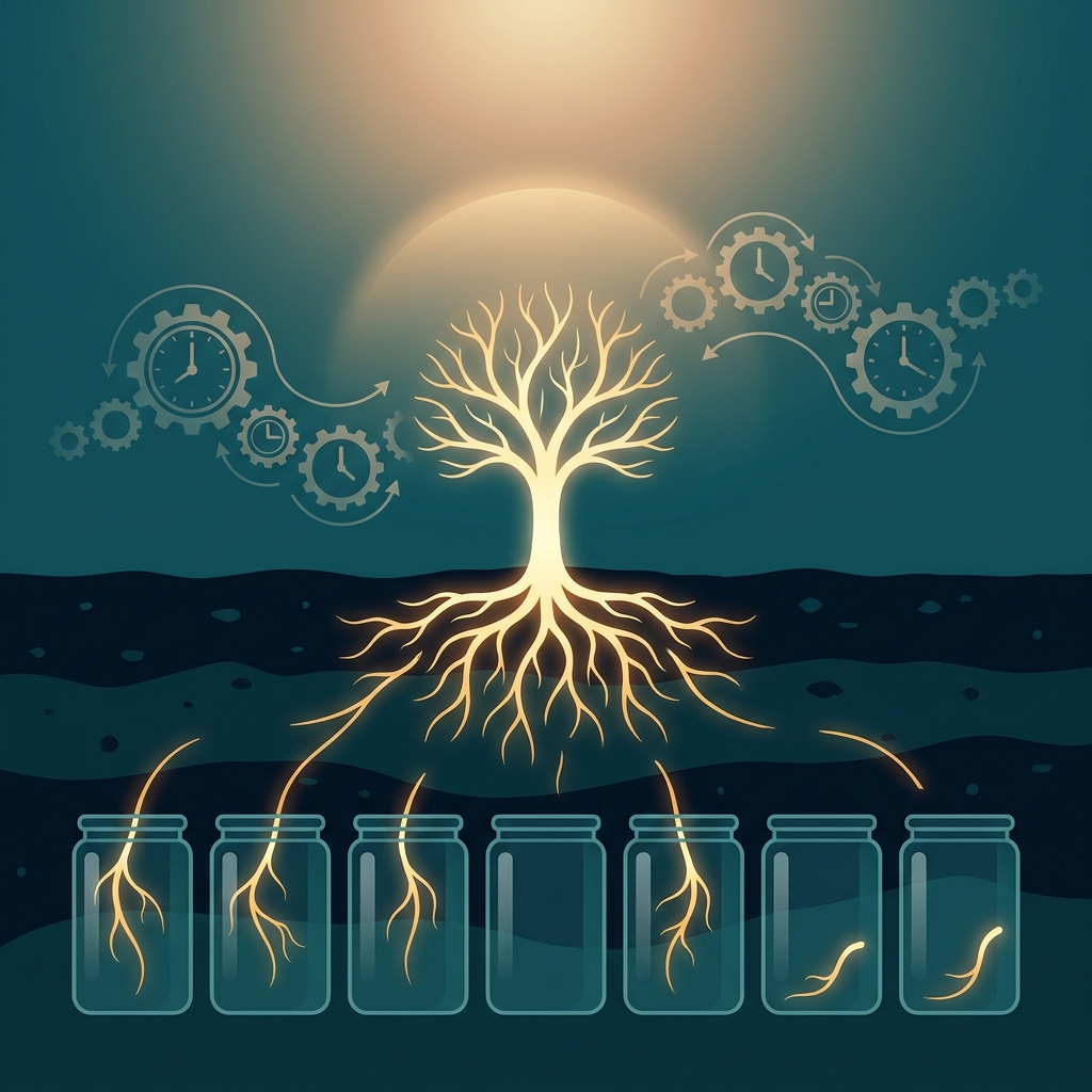 Stylized illustration symbolizing hair transplant donor area thinning after multiple procedures as a finite root system