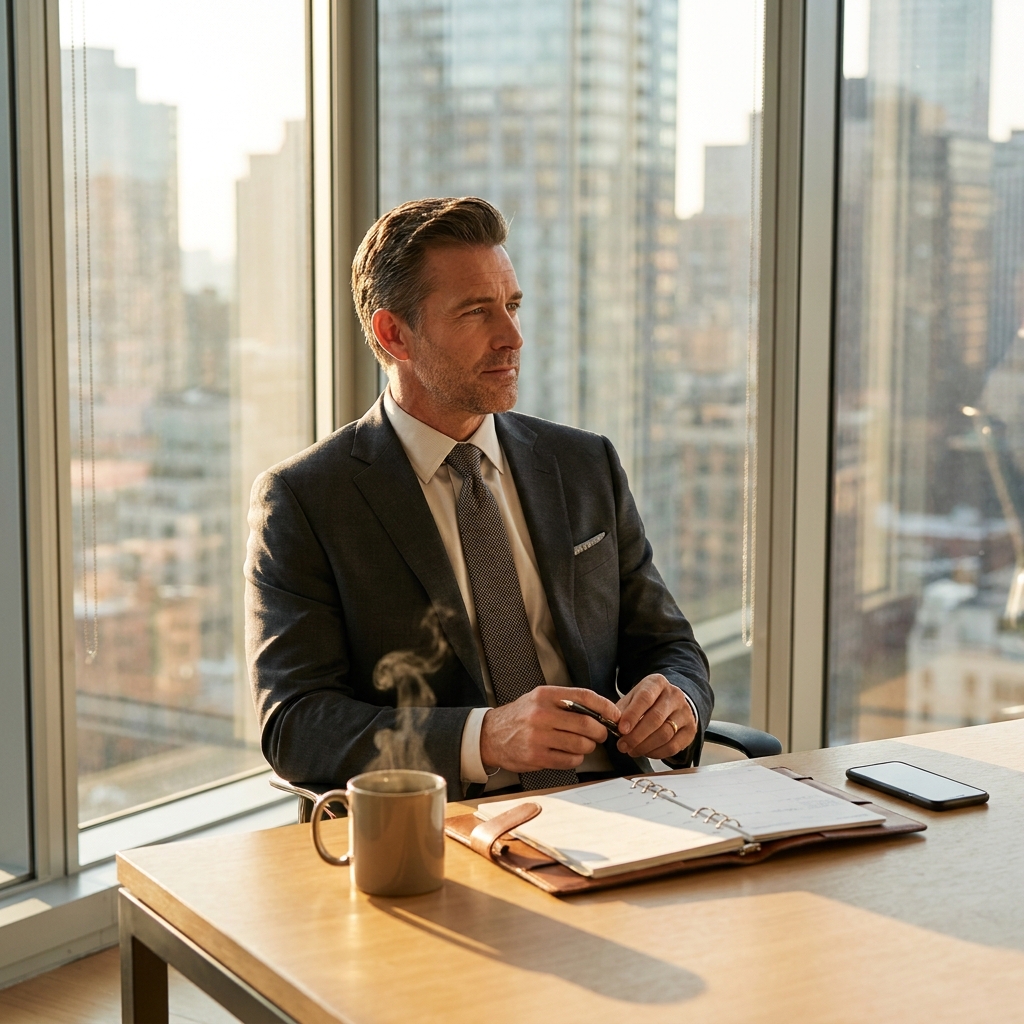 Confident executive at modern office desk managing hair transplant recovery social downtime professional schedule