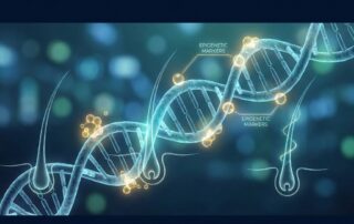 Conceptual illustration of DNA helix and hair follicles representing hair transplant epigenetics androgenetic alopecia research