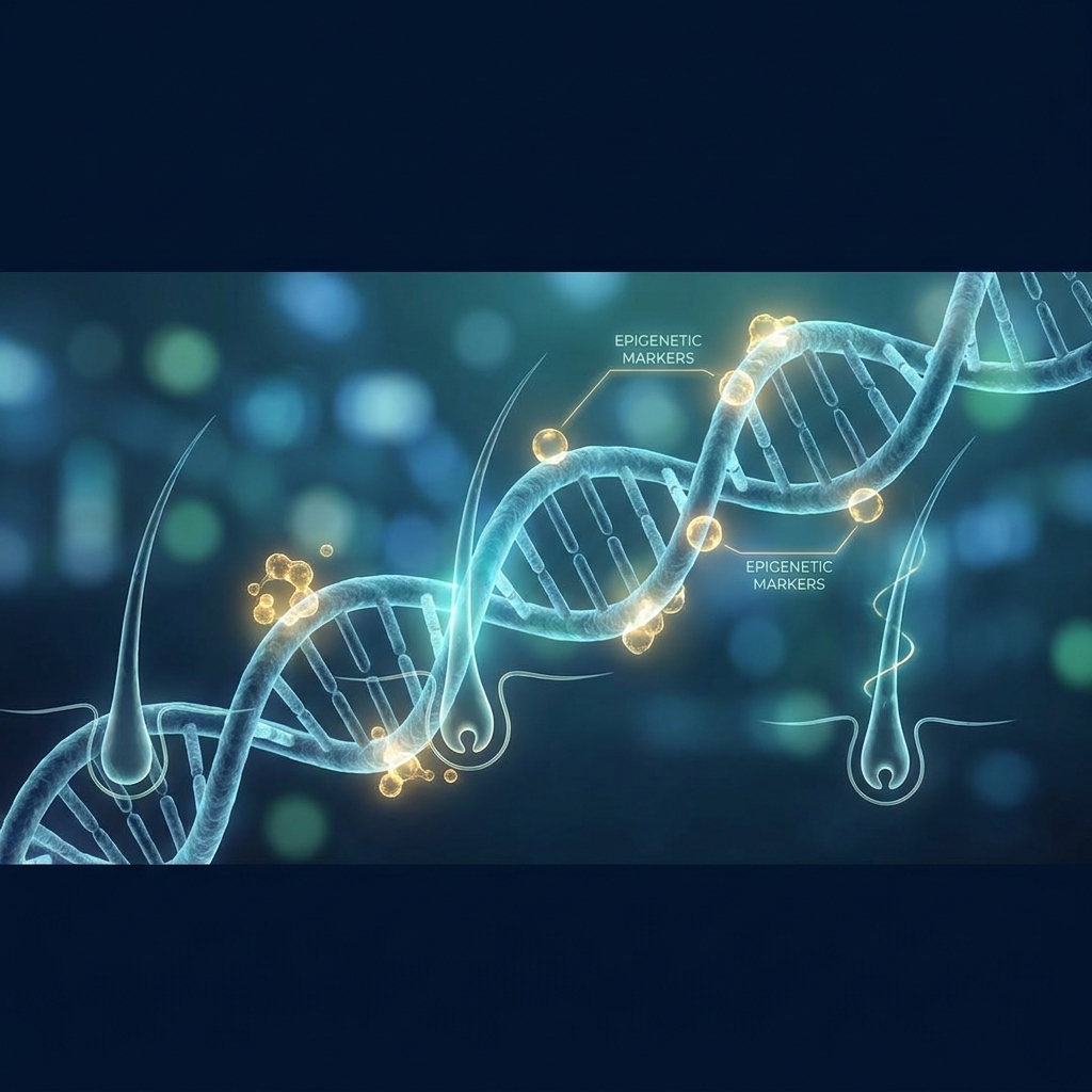 Conceptual illustration of DNA helix and hair follicles representing hair transplant epigenetics androgenetic alopecia research