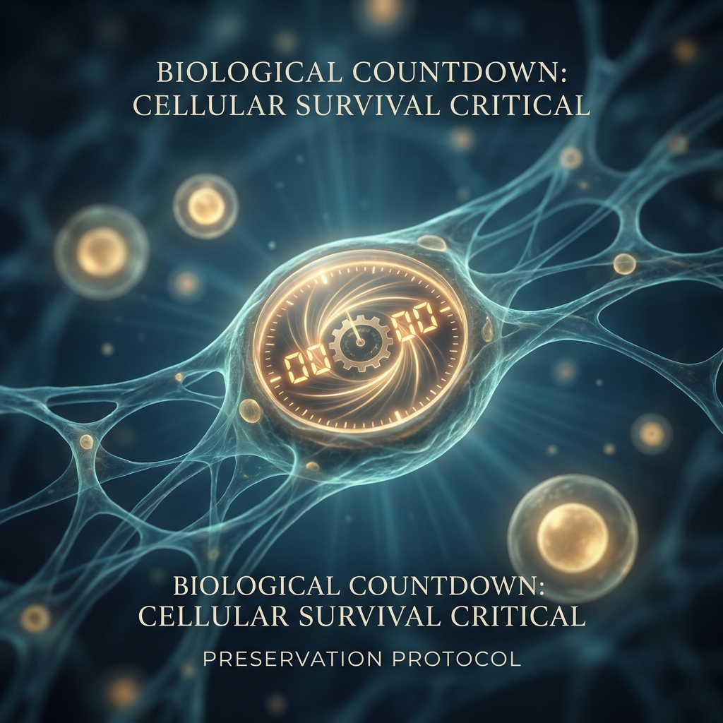 Conceptual illustration of a glowing biological clock representing hair transplant out of body graft time importance and cell survival
