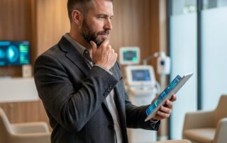 Confident man reviewing long-term data in a modern clinic, representing scalp micropigmentation vs hairpiece wig long term comparison