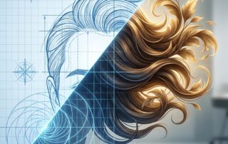 Illustration showing architectural precision transforming into natural hair growth, representing hair transplant recipient site creation technique importance.