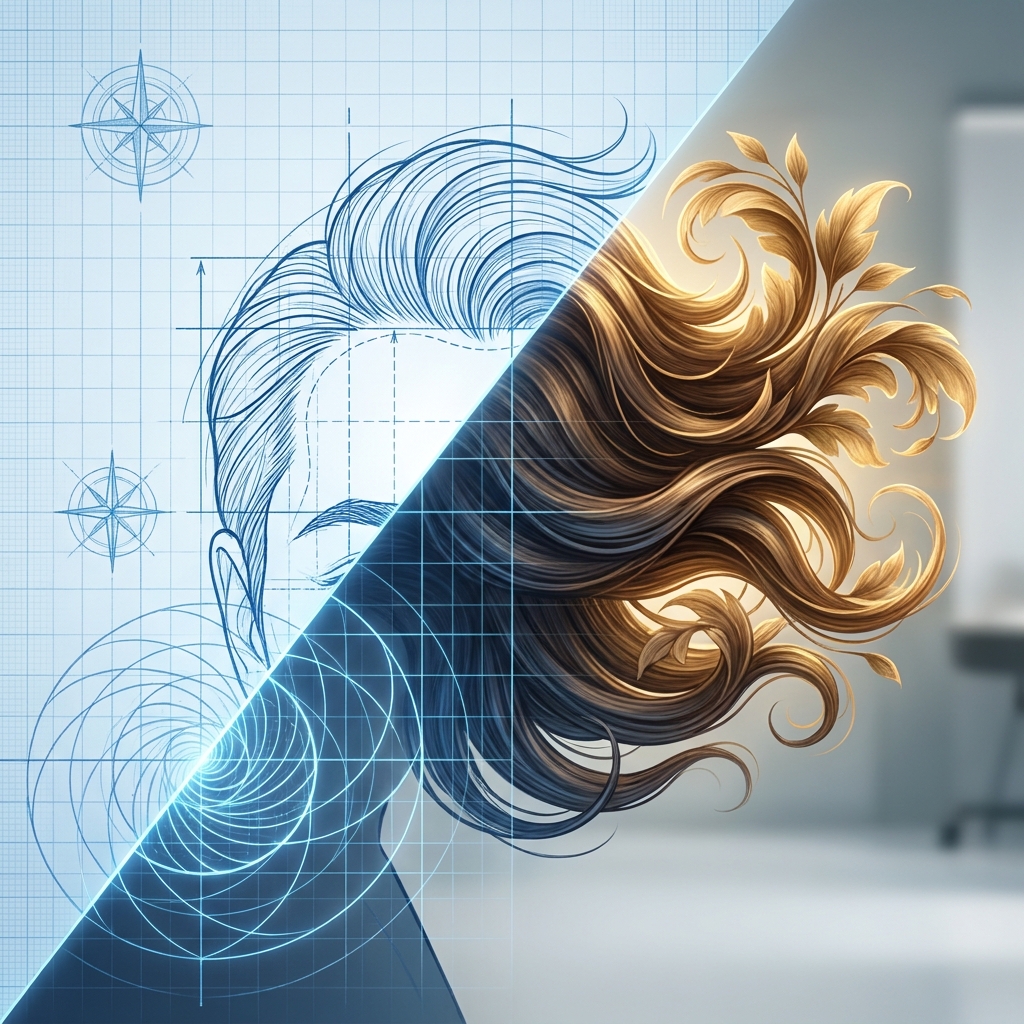 Illustration showing architectural precision transforming into natural hair growth, representing hair transplant recipient site creation technique importance.