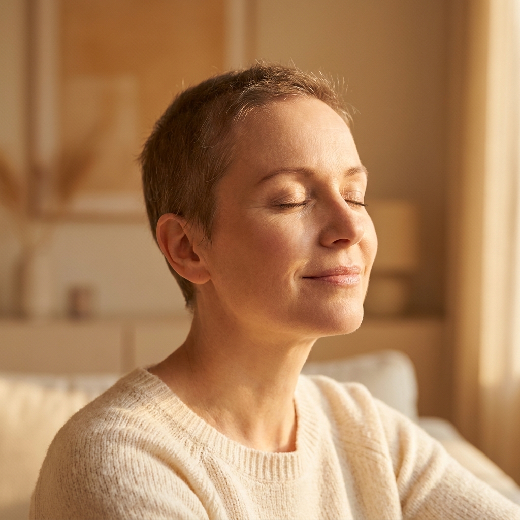 Woman with soft new hair regrowth after chemotherapy, representing the natural hair recovery journey