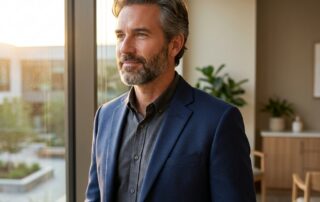 Confident man with full natural hair in modern clinic setting, representing successful hair transplant graft survival rate outcomes