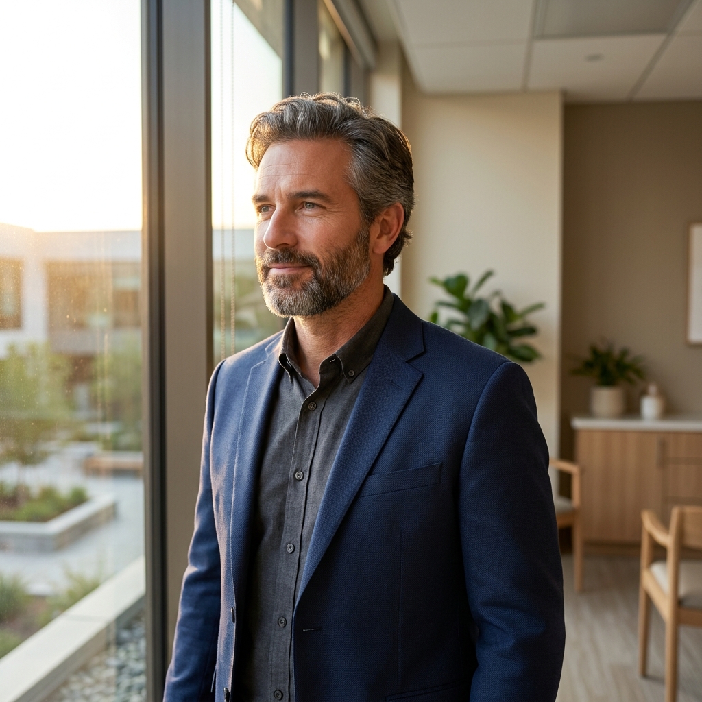 Confident man with full natural hair in modern clinic setting, representing successful hair transplant graft survival rate outcomes