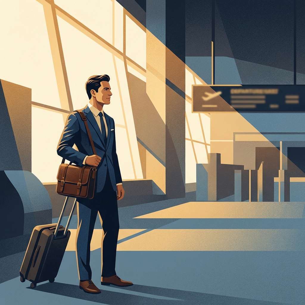 Man with luggage at airport terminal — hair transplant out of state patient travel guide illustration