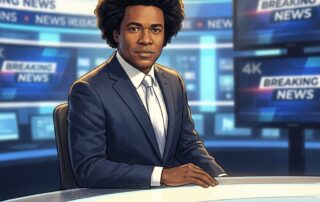 Media professional with natural-looking hair transplant results under broadcast studio lighting, camera-ready on set