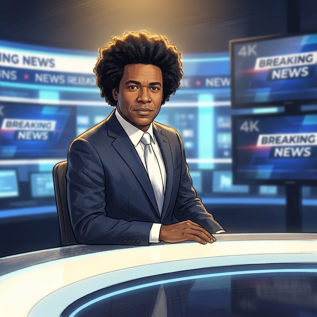 Media professional with natural-looking hair transplant results under broadcast studio lighting, camera-ready on set