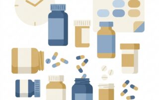 Illustrated medication bottles representing blood thinners, aspirin, and ibuprofen considerations before hair transplant surgery