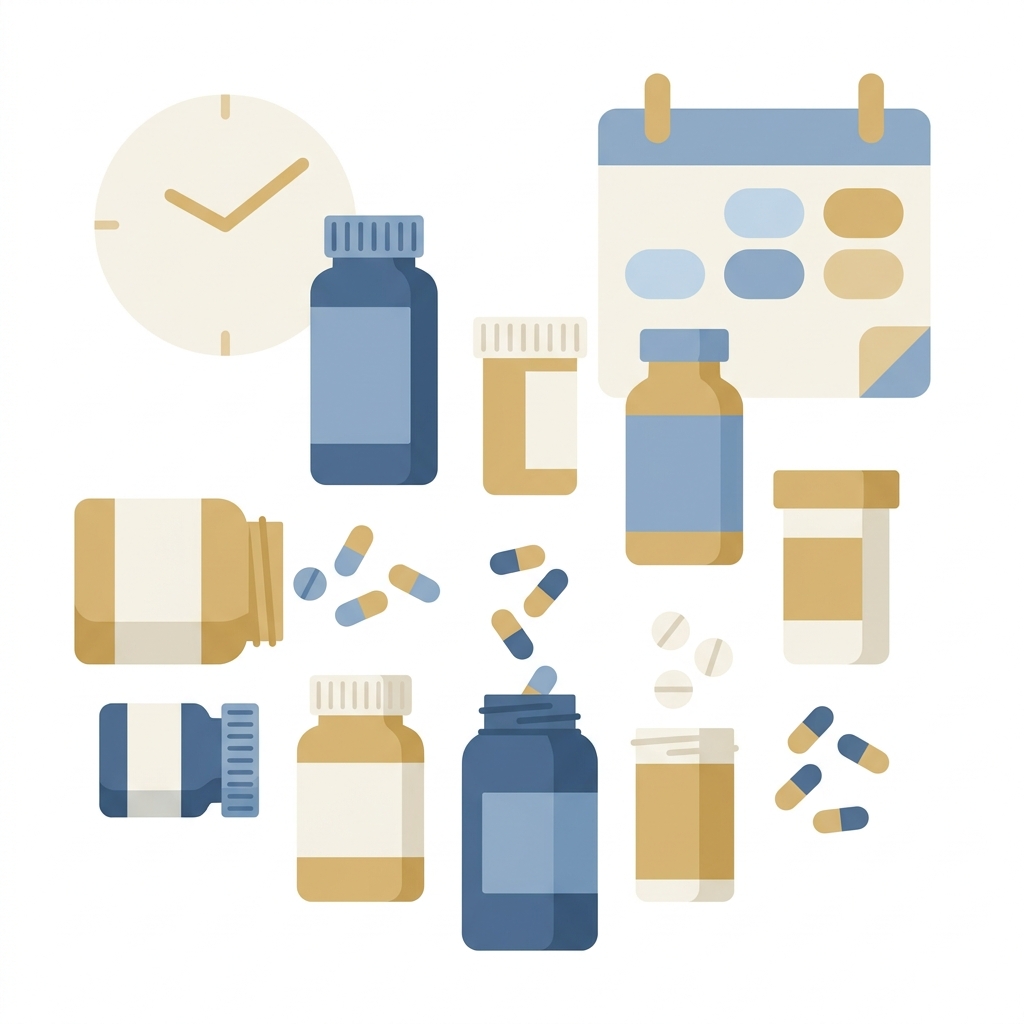 Illustrated medication bottles representing blood thinners, aspirin, and ibuprofen considerations before hair transplant surgery