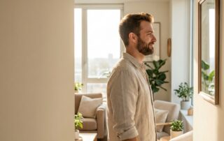 Man in his 30s examining his hair in mirror — hair loss prevention in your 30s starts with early awareness