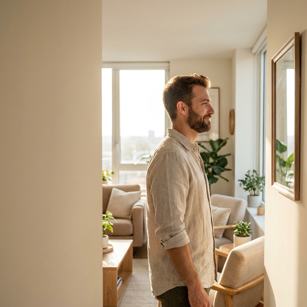 Man in his 30s examining his hair in mirror — hair loss prevention in your 30s starts with early awareness