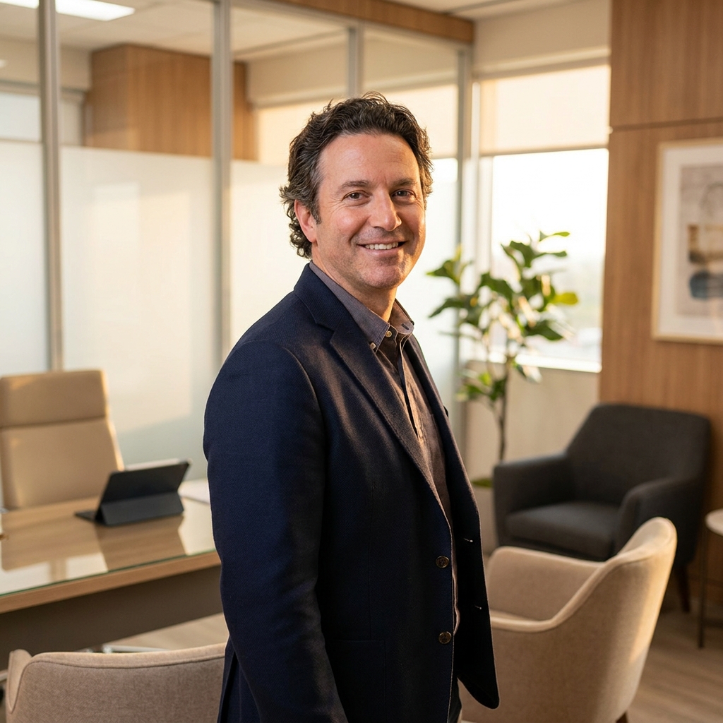 Confident man in modern hair restoration surgeon consultation office, representing qualified hair restoration surgeons near me