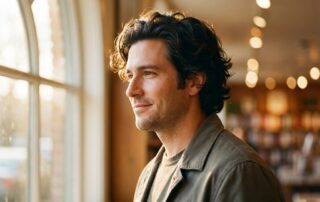 Confident man reflecting on hair transplant one year later long term outcome in warm natural light