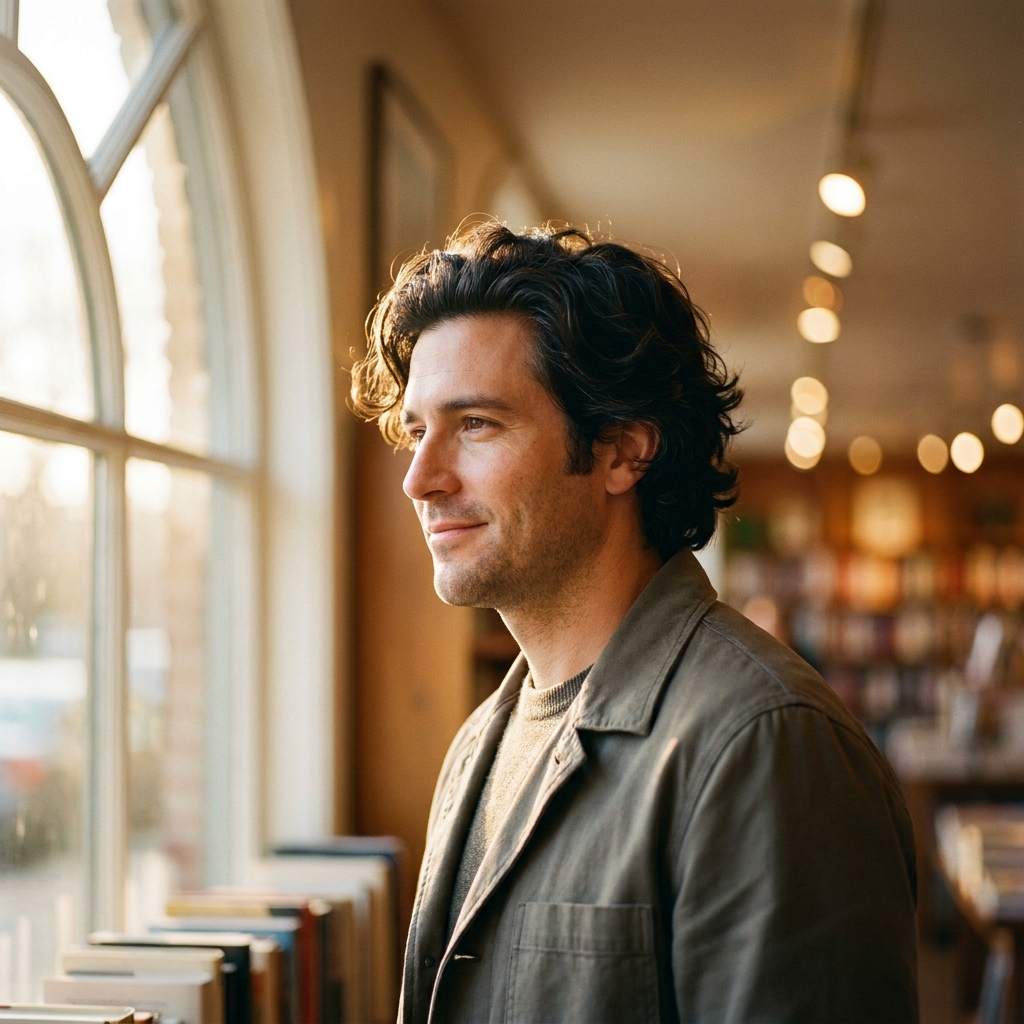 Confident man reflecting on hair transplant one year later long term outcome in warm natural light