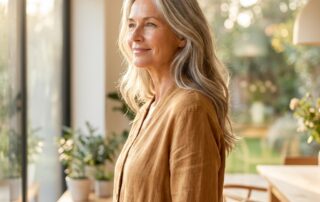 Confident woman over 50 with healthy full hair, representing effective hair loss treatment for women during menopause
