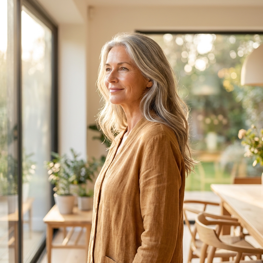 Confident woman over 50 with healthy full hair, representing effective hair loss treatment for women during menopause
