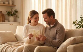 Couple sharing a tender moment with a gift envelope, representing a hair restoration gift certificate for a spouse or partner
