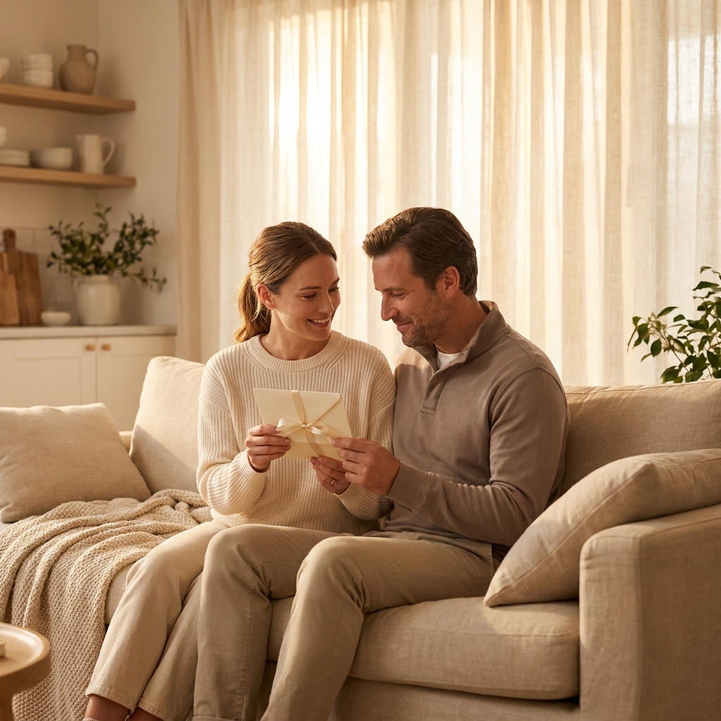 Couple sharing a tender moment with a gift envelope, representing a hair restoration gift certificate for a spouse or partner