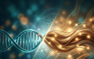 Conceptual illustration of DNA transforming into healthy hair strands, representing epigenetics and hair loss research in 2026.
