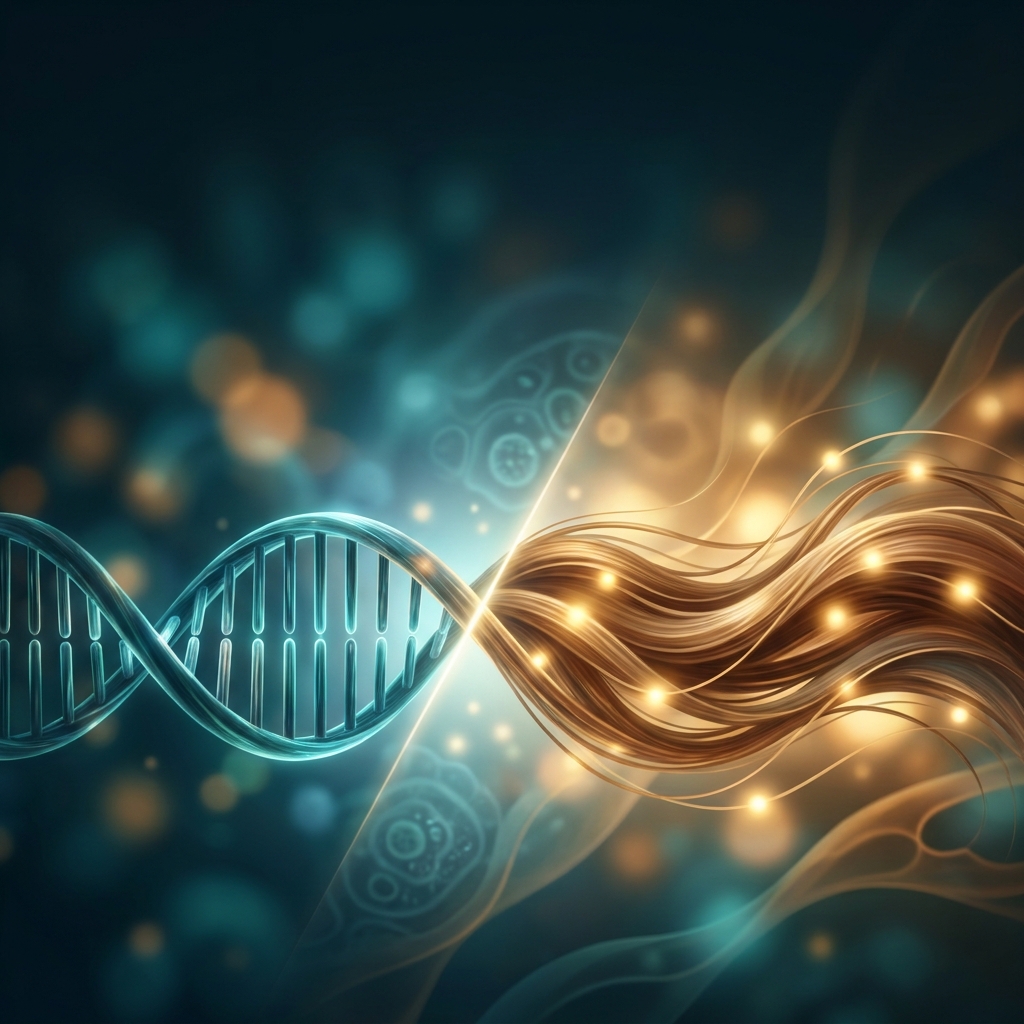 Conceptual illustration of DNA transforming into healthy hair strands, representing epigenetics and hair loss research in 2026.